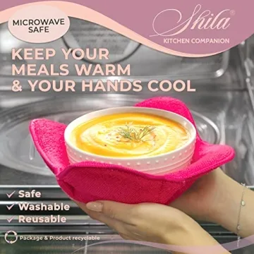 SHILA Bowl Snuggies, Multicolor Set of 5 Microwave-Safe Hot Bowl Holders to Keep Your Hands Cool and Your Food Warm, Polyester & Sponge Heat Resistant Dish Pads for Soup, Rice and Pasta