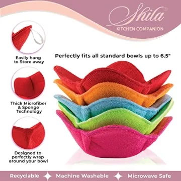 SHILA Bowl Snuggies, Multicolor Set of 5 Microwave-Safe Hot Bowl Holders to Keep Your Hands Cool and Your Food Warm, Polyester & Sponge Heat Resistant Dish Pads for Soup, Rice and Pasta