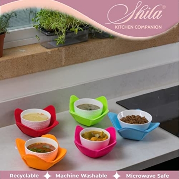 SHILA Bowl Snuggies, Multicolor Set of 5 Microwave-Safe Hot Bowl Holders to Keep Your Hands Cool and Your Food Warm, Polyester & Sponge Heat Resistant Dish Pads for Soup, Rice and Pasta