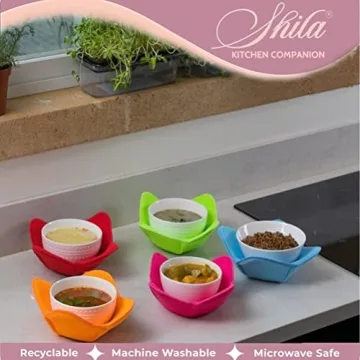 SHILA Bowl Snuggies, Multicolor Set of 5 Microwave-Safe Hot Bowl Holders to Keep Your Hands Cool and Your Food Warm, Polyester & Sponge Heat Resistant Dish Pads for Soup, Rice and Pasta