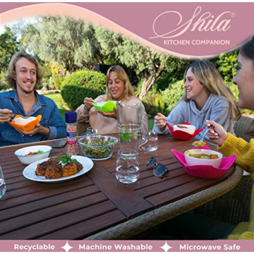 SHILA Bowl Snuggies, Multicolor Set of 5 Microwave-Safe Hot Bowl Holders to Keep Your Hands Cool and Your Food Warm, Polyester & Sponge Heat Resistant Dish Pads for Soup, Rice and Pasta