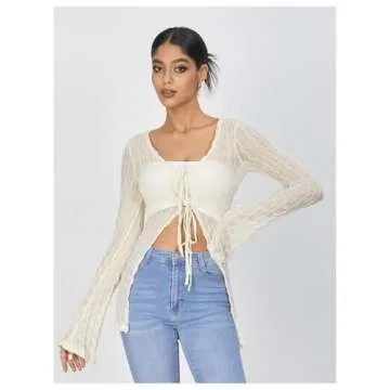 WDIRARA Women's Sheer Mesh Deep V Neck Tie Front Long Sleeve See Through Top