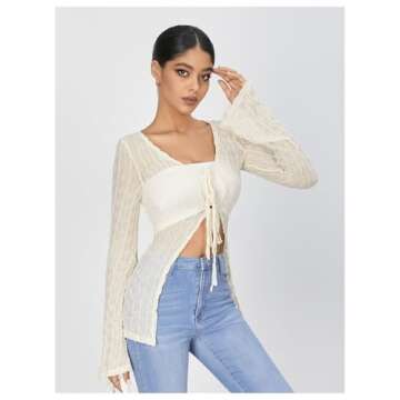 WDIRARA Women's Sheer Mesh Deep V Neck Tie Front Long Sleeve See Through Top