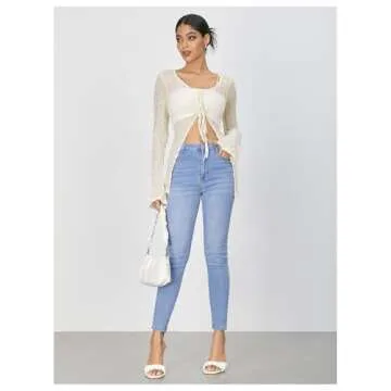 WDIRARA Women's Sheer Mesh Deep V Neck Tie Front Long Sleeve See Through Top