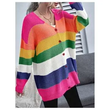 Floerns Women's Rainbow Striped Print Button Front Long Sleeve Cardigan Sweater Pink Multi Large