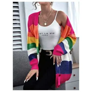 Floerns Women's Rainbow Striped Print Button Front Long Sleeve Cardigan Sweater Pink Multi Large