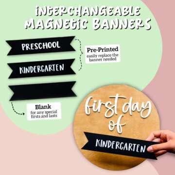 Iron & Flint First and Last Day of School Board | 10" Round Reversible Reusable Sign | Light Cream or White Birch Wood Sign with Pre-printed Banners for Preschool & Kindergarten