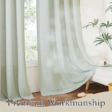 RYB HOME Linen Curtains 63 inch Length - Premium Flax Linen Material Soft Semi Sheer Half Privacy Protected for Livingroom, Bedroom, Farmhouse, W 52 x L 63 inch, 2 Panels, Sage Green