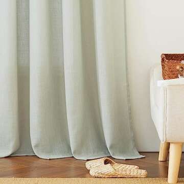 RYB HOME Linen Curtains 63 inch Length - Premium Flax Linen Material Soft Semi Sheer Half Privacy Protected for Livingroom, Bedroom, Farmhouse, W 52 x L 63 inch, 2 Panels, Sage Green