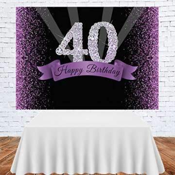 Happy 40th Birthday Photography Backdrop Glitter Purple and Black Dots Background for Adult Woman Birthday Party Decorations Shining Diamond Number 40th Birthday Banner for Photo Studio Props 7x5ft