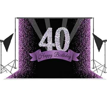 Happy 40th Birthday Photography Backdrop Glitter Purple and Black Dots Background for Adult Woman Birthday Party Decorations Shining Diamond Number 40th Birthday Banner for Photo Studio Props 7x5ft