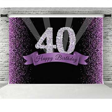 Happy 40th Birthday Photography Backdrop Glitter Purple and Black Dots Background for Adult Woman Birthday Party Decorations Shining Diamond Number 40th Birthday Banner for Photo Studio Props 7x5ft
