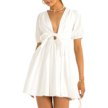 MASKAZU Women's Casual Summer Tie Short Puff Sleeve Brunch Babydoll Mini Dress S White