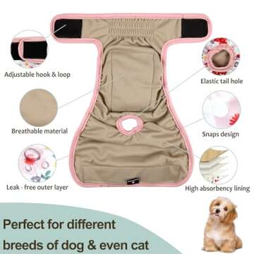 Grecle Washable Female Dog Diapers (3 Pack) - No Leak Reusable Diapers for Doggy Female in Period - Highly Absorbent Dog Heat Panties with Adjustable Snaps M