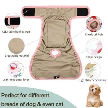 Grecle Washable Female Dog Diapers (3 Pack) - No Leak Reusable Diapers for Doggy Female in Period - Highly Absorbent Dog Heat Panties with Adjustable Snaps M