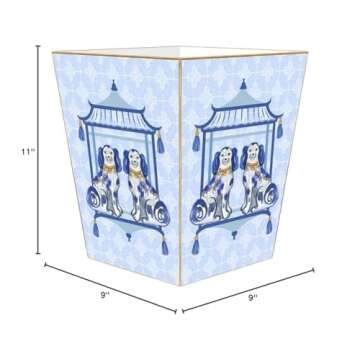 Marye-Kelley Staffordshire Dogs on Blue Wood Wastepaper Basket, Chinoiserie, Handmade in The USA, Wastebasket for Bedroom, Bathroom, Living Room, Office, Kitchen