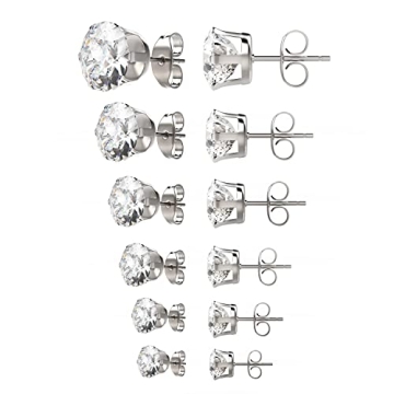 Uhibros 316L Surgical Stainless Steel Round Clear Cubic Zirconia Stud Earrings (6 Pairs) Assorted Si...