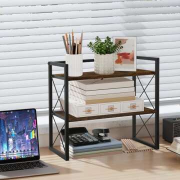 YINMIT Desktop Shelf Organizer, 2 Tier Office Shelves, Wood Desk Organizer Storage Rack and Freestan...