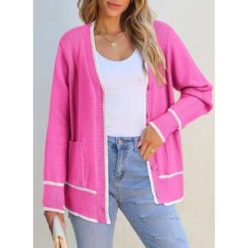 Dokotoo Hot Pink Sweaters for Ladies Open Front Long Sleeve Lightweight 2024 Fall Fashion Outfits Color Block Knit Sweater Coats with Pockets for Summer,Bright Pink X-Large