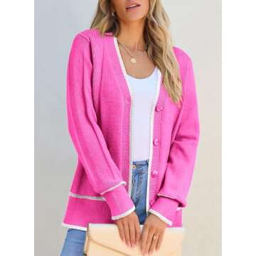 Dokotoo Hot Pink Sweaters for Ladies Open Front Long Sleeve Lightweight 2024 Fall Fashion Outfits Color Block Knit Sweater Coats with Pockets for Summer,Bright Pink X-Large