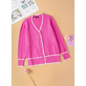 Dokotoo Hot Pink Sweaters for Ladies Open Front Long Sleeve Lightweight 2024 Fall Fashion Outfits Color Block Knit Sweater Coats with Pockets for Summer,Bright Pink X-Large