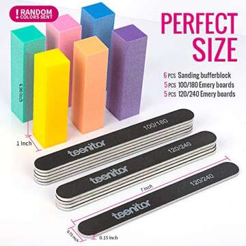 Nail Files and Buffers, Teenitor 16PCS Professional Nail Manicure Tool for Acrylic Nails, 100/180 and 120/240 Grits Emery Boards 120 Grits Nail Buffer Block for Shaping and Buffing Nails