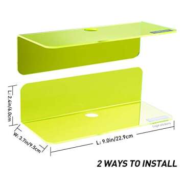 OAPRIRE 9 Inch Floating Wall Shelves Set of 2 - Personalize Expand Wall Space - Acrylic Small Wall Shelf for Bathroom, Bedroom, Living Room, Office, with Cable Clips - Clear Green