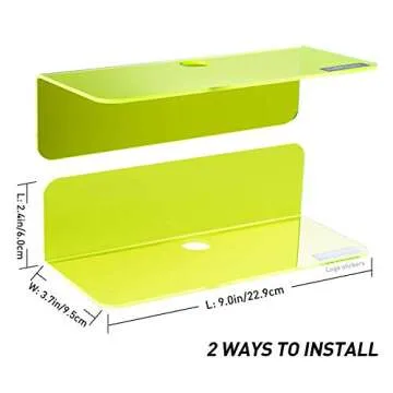 OAPRIRE 9 Inch Floating Wall Shelves Set of 2 - Personalize Expand Wall Space - Acrylic Small Wall Shelf for Bathroom, Bedroom, Living Room, Office, with Cable Clips - Clear Green