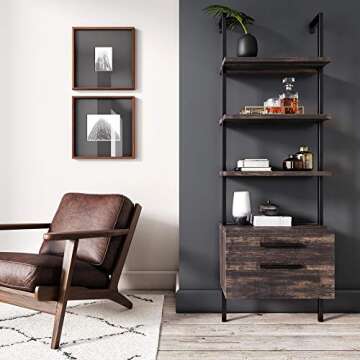 Nathan James Theo Industrial Bookshelf with Wood Drawers and Matte Steel Frame, 3-Shelf, Nutmeg/Blac...