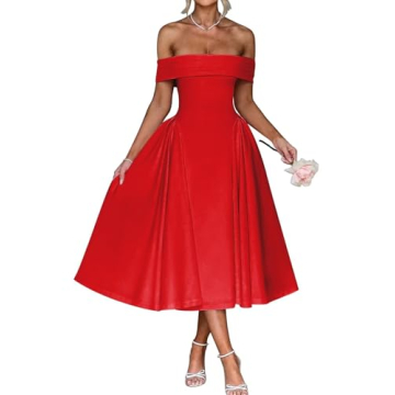 Benoui Women’s Red Satin Formal Dress Midi Off Shoulder Cocktail Dress 2024 A-Line Tea Length Ruch...