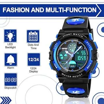 Dodosky Boy Toys Age 5-12, LED 50M Waterproof Digital Sport Watches for Kids Birthday Presents Gifts for 5-13 Year Old Boys - Blue