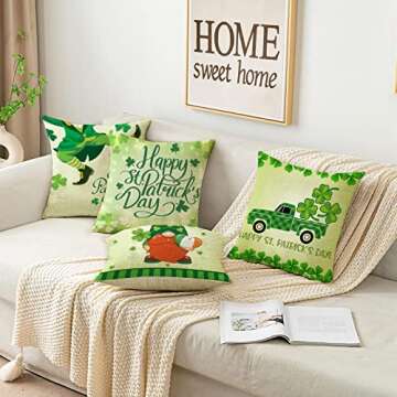 LEITINGYA Set of 4 Throw Pillow Covers 18x18, ST Patricks Day Gnomes Pillow Covers 18x18 inch, Decorative Lucky Charm Shamrocks Couch Pillow Covers for Gift, Living Room, Bedroom, Sofa, Chair