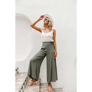 GRACEVINES Women’s Summer Boho Floral Wide Leg Pants Elastic High Waist Loose Casual Beach Palazzo Pants with Belt Green