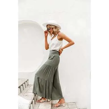 GRACEVINES Women’s Summer Boho Floral Wide Leg Pants Elastic High Waist Loose Casual Beach Palazzo Pants with Belt Green