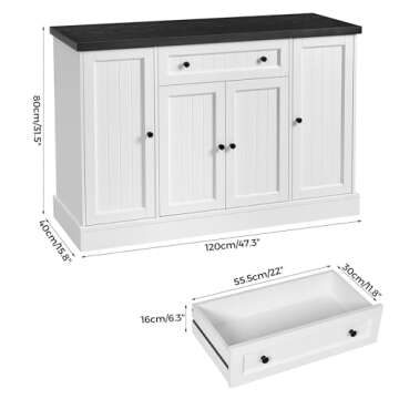 ANWBROAD 47" Farmhouse Buffet Cabinet with Storage Sideboard Cabinet with Drawers Modern Coffee Bar Cabinet Wood Buffet Table for Kitchen Dining Room Living Room White ULSC006W01