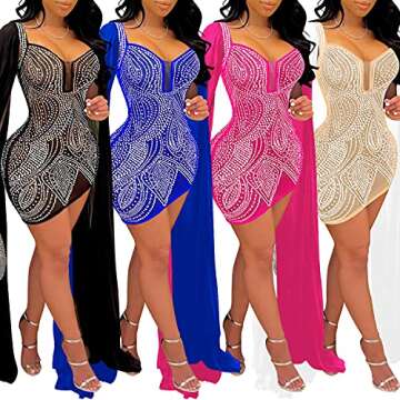 PORRCEY Women's Sexy Hot Drilling Craft Dress Long Sleeve Bodycon Party Club Night Out Dress(5332,Black,L)