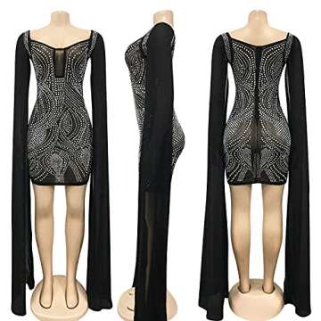 PORRCEY Women's Sexy Hot Drilling Craft Dress Long Sleeve Bodycon Party Club Night Out Dress(5332,Black,L)