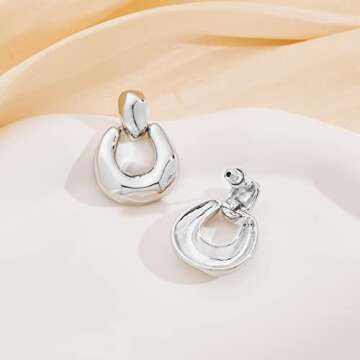 Silver Dangle Earrings for Women Statement Chunky Small Cut Design Silver Drop Earrings Door Knock Shape Dangling Earrings for Women