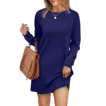 WIHOLL Dresses for Women Long Sleeve Dressy Casual Crewneck Mini Dress Loose Fit Solid Party Dress Fashion 2024 Dark Blue S