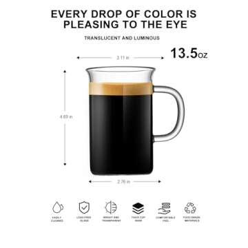 LUXU Glass Coffee Mugs 16 oz,Set of 2 Large Glass Coffee Cups Clear Tea Cups,Iced Coffee Glasses,Lea...