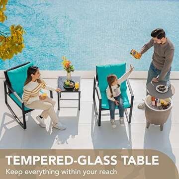 Devoko 3 Piece Rocking Bistro Set Wicker Patio Outdoor Furniture Porch Chairs Conversation Sets with Glass Coffee Table (Blue)