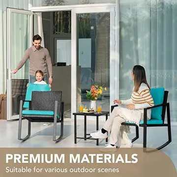 Devoko 3 Piece Rocking Bistro Set Wicker Patio Outdoor Furniture Porch Chairs Conversation Sets with Glass Coffee Table (Blue)