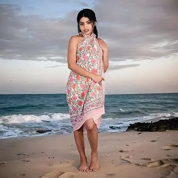 100% Cotton Hand Block Printed Sarong Womens Swimsuit Wrap Cover Up, Beach Bikini Wrap Skirt Pareo S...