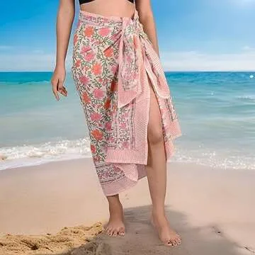 100% Cotton Hand Block Printed Sarong Womens Swimsuit Wrap Cover Up, Beach Bikini Wrap Skirt Pareo Scarf Stole Shawl for Women (Design-13)