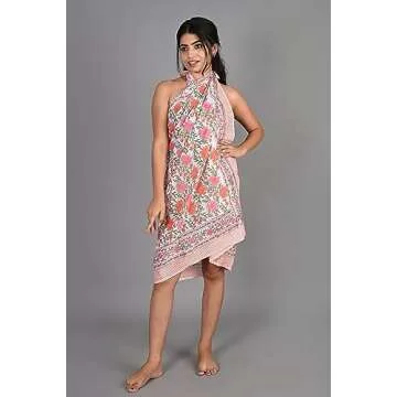 100% Cotton Hand Block Printed Sarong Womens Swimsuit Wrap Cover Up, Beach Bikini Wrap Skirt Pareo Scarf Stole Shawl for Women (Design-13)