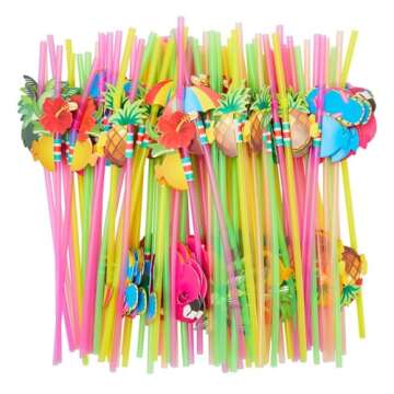 BLUE PANDA 100 Pack Tropical Hawaiian Drinking Straws for Cocktails & Margaritas - Hawaiian Summer Beach Party Straws & Supplies (6 Designs)