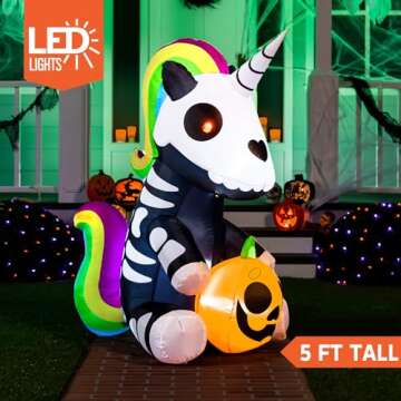Joiedomi 5 FT Halloween Inflatables Skeleton Halloween Decor Outdoor, Halloween Blow Up Decorations Sitting Skeleton Unicorn with LEDs for Halloween Decorations Outside, Halloween Yard Decorations
