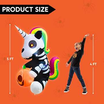 Joiedomi 5 FT Halloween Inflatables Skeleton Halloween Decor Outdoor, Halloween Blow Up Decorations Sitting Skeleton Unicorn with LEDs for Halloween Decorations Outside, Halloween Yard Decorations