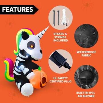 Joiedomi 5 FT Halloween Inflatables Skeleton Halloween Decor Outdoor, Halloween Blow Up Decorations Sitting Skeleton Unicorn with LEDs for Halloween Decorations Outside, Halloween Yard Decorations