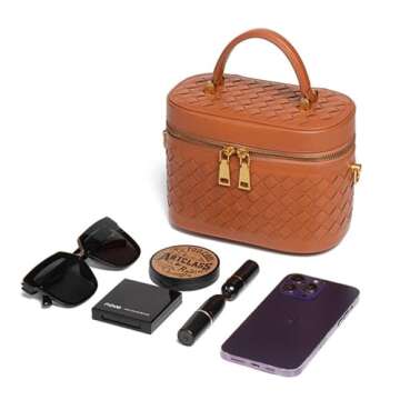 Rejolly Top-Handle Handbag for Women Woven Leather Vanity Case Designer Purse Quiet Luxury Trendy Crossbody Shoulder Bag Raisin